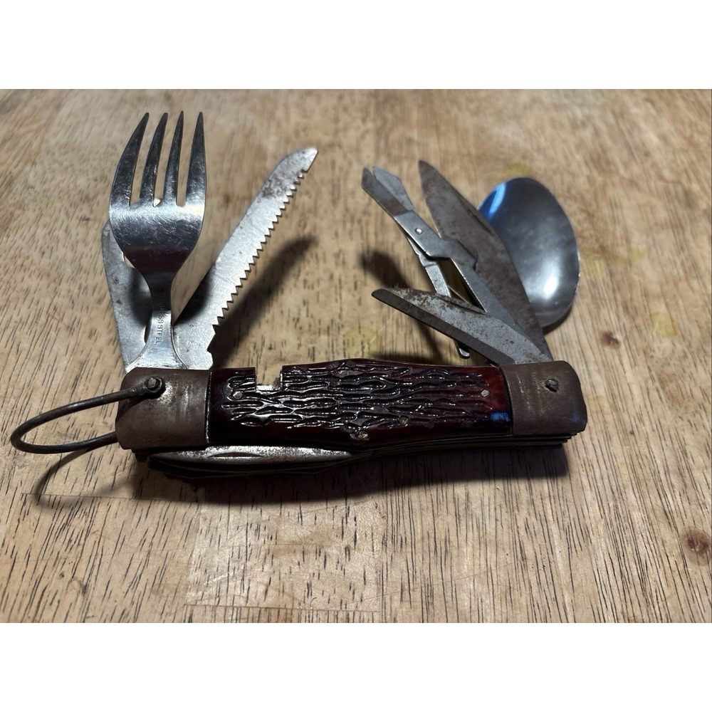 Vintage Japan Hobo 11 Piece Multi-Tool Folding Knife Spoon Fork Brown Wood